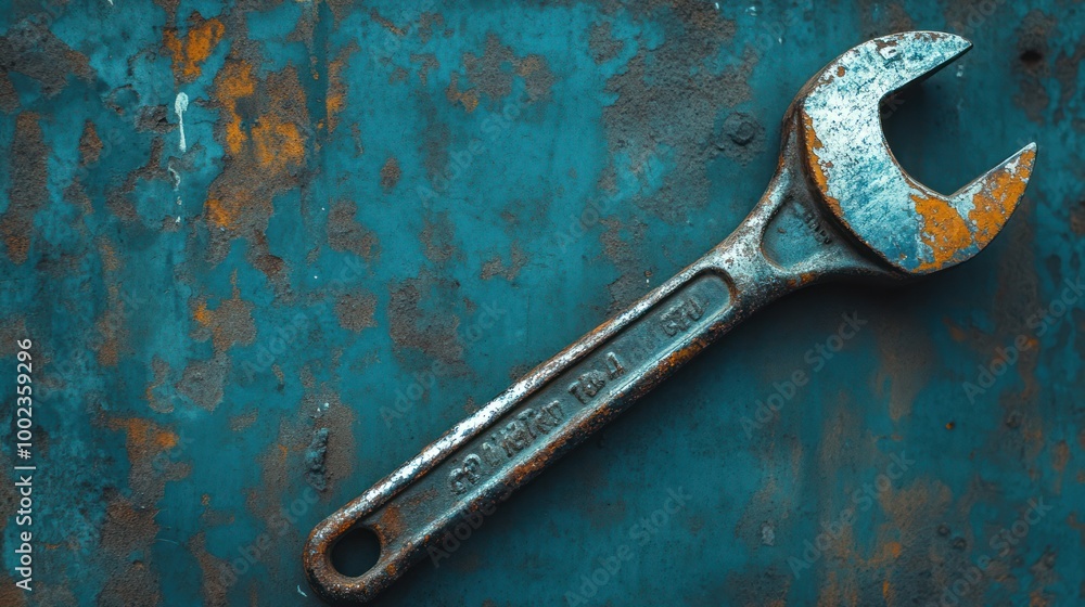A Rusty Wrench on a Blue and Orange Surface A Rusty Wrench on a Blue and Orange Surface