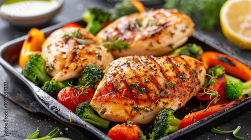 Healthy grilled chicken breast served with a colorful mix of steamed broccoli, peppers, and cherry tomatoes on a rustic platter