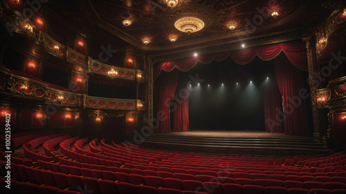 An opulent theater or opera house. The stage is illuminated spotlights. The balconies are ornately decorated with chandeliers and sconces.