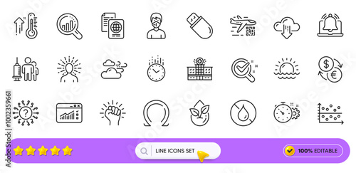 Cogwheel timer, High thermometer and Time line icons for web app. Pack of Web traffic, Yoga, Organic product pictogram icons. Dot plot, Reminder, Usb stick signs. Currency exchange. Search bar. Vector