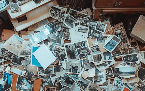 A chaotic assortment of old photographs scattered across a surface, reflecting memories and history. photo