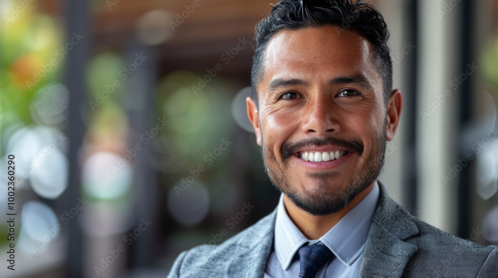 Fototapeta premium A confident man smiles warmly while dressed in a gray suit, showcasing professionalism outdoors during daylight
