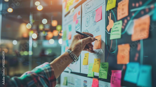 Creative brainstorming session with a digital mind in an innovative workspace featuring colorful sticky notes and planning materials