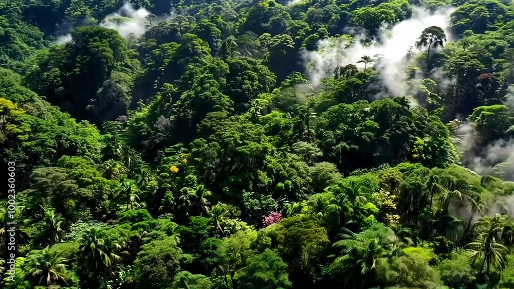 Low clouds drift over a lush green tropical forest, with sunlight dappling the canopy and creating a serene atmosphere in this vibrant natural landscape Low clouds drift over a lush green tropical forest, with sunlight dappling the canopy and creating a serene atmosphere in this vibrant natural landscape