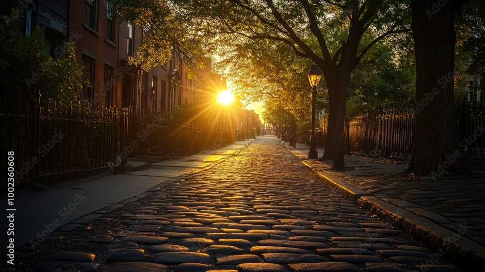 Obraz premium Cobblestone street curving into the distance as the sun sets, casting a golden glow over the historic cityscape.