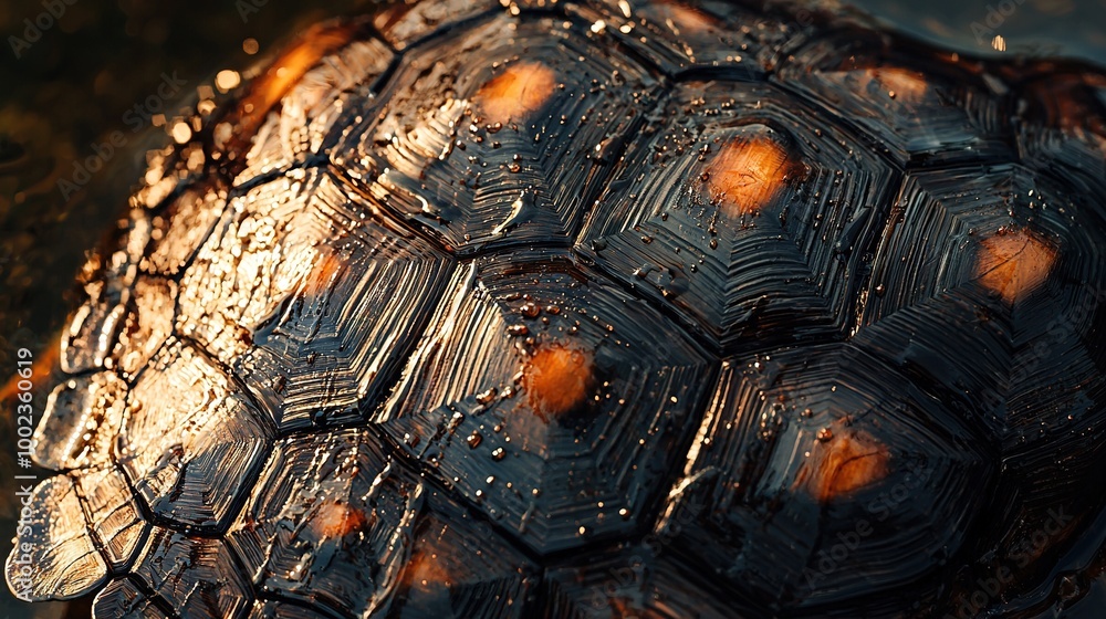 A tortoise shell photographed from a close angle, featuring water droplets on its surface A tortoise shell photographed from a close angle, featuring water droplets on its surface