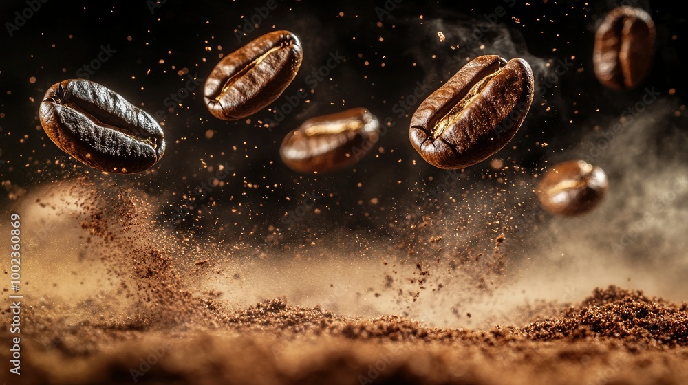 Coffee beans in mid-air, surrounded by steam and ground coffee particles, creating a dynamic and aromatic atmosphere. Coffee beans in mid-air, surrounded by steam and ground coffee particles, creating a dynamic and aromatic atmosphere.