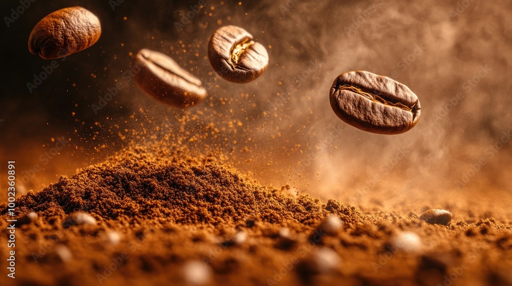 Coffee beans in motion, releasing steam as they tumble, with ground coffee framing the image in a moody, warm setting. Coffee beans in motion, releasing steam as they tumble, with ground coffee framing the image in a moody, warm setting.