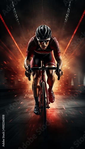 A cyclist speeds through a dramatic, fiery backdrop in an underground tunnel during a competition photo