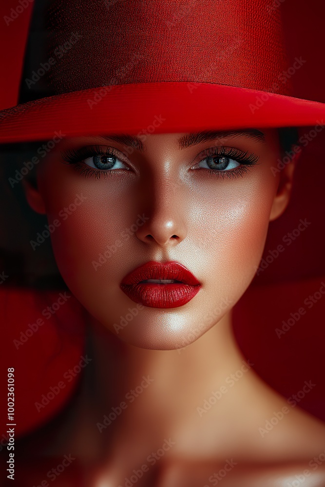 Φωτογραφία High-quality female portrait, minimalism, red background, woman in an elegant re