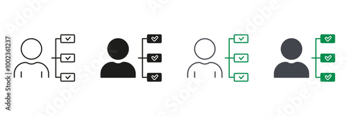 Responsible Management, Delegate Duty Sign. Employee Responsibility Line and Silhouette Icon Set. Corporate Manager Roles Pictogram. Job Culture Symbol. Editable Stroke. Isolated Vector Illustration