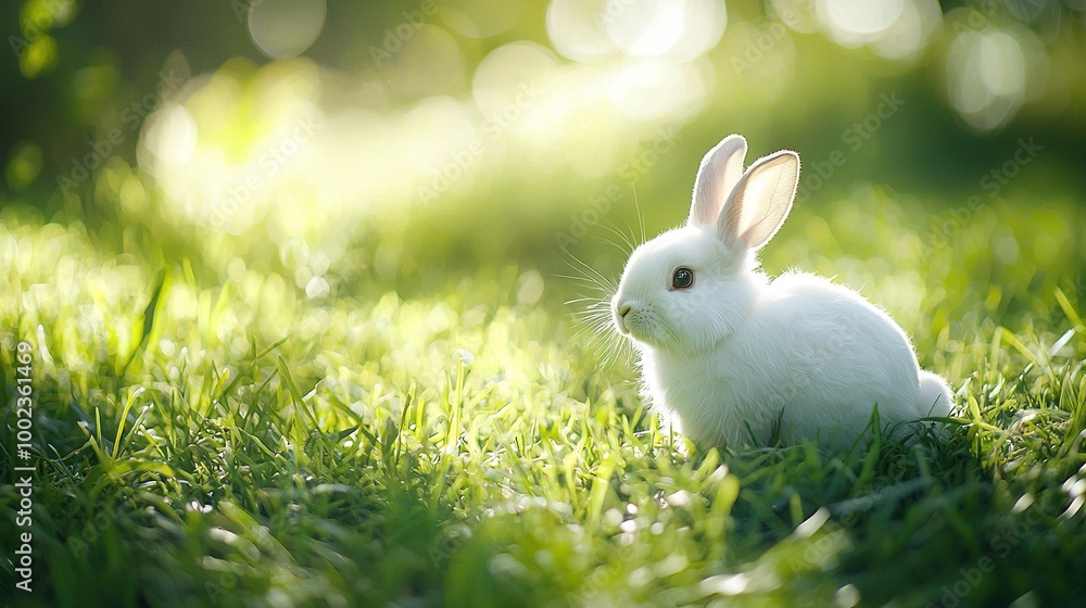 Fototapeta premium A rabbit sitting in the grass with sunlight on its back and floppy ears