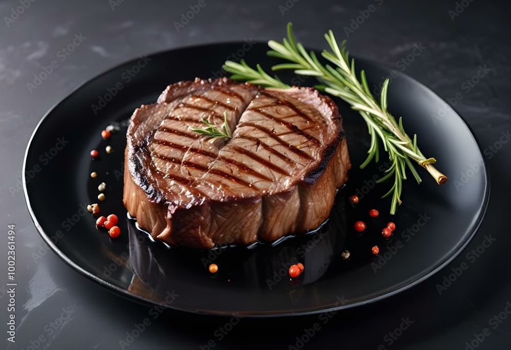 A medium-rare grilled ribeye steak on a dark plate, garnished with a sprig of rosemary and peppercorns A medium-rare grilled ribeye steak on a dark plate, garnished with a sprig of rosemary and peppercorns