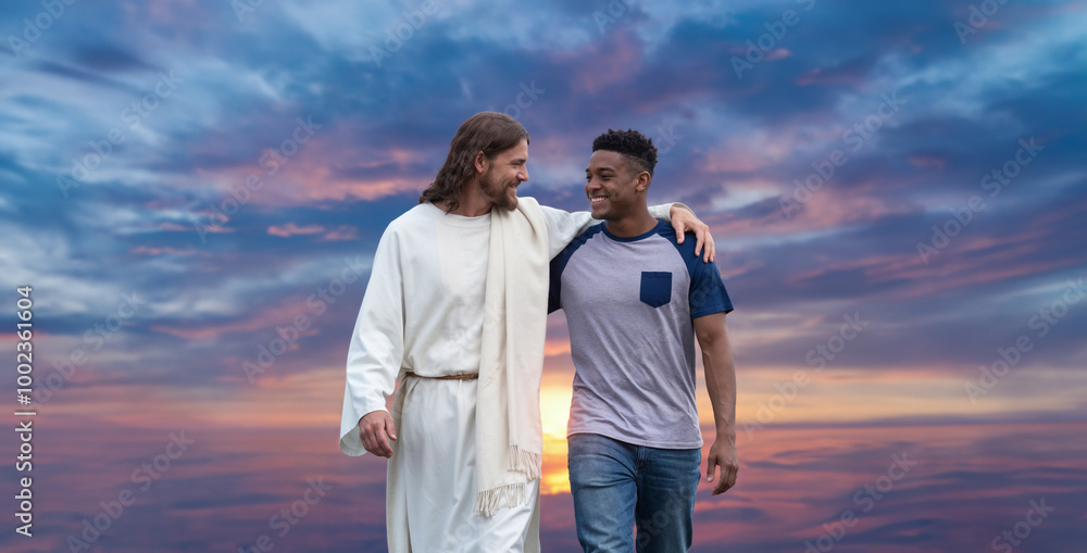 Jesus Walking Next to a Christian: A Profound Illustration of Spiritual Companionship, Faith, and Divine Guidance on the Path to Salvation, Offering Hope, Comfort, and Love in Christian Life Jesus Walking Next to a Christian: A Profound Illustration of Spiritual Companionship, Faith, and Divine Guidance on the Path to Salvation, Offering Hope, Comfort, and Love in Christian Life
