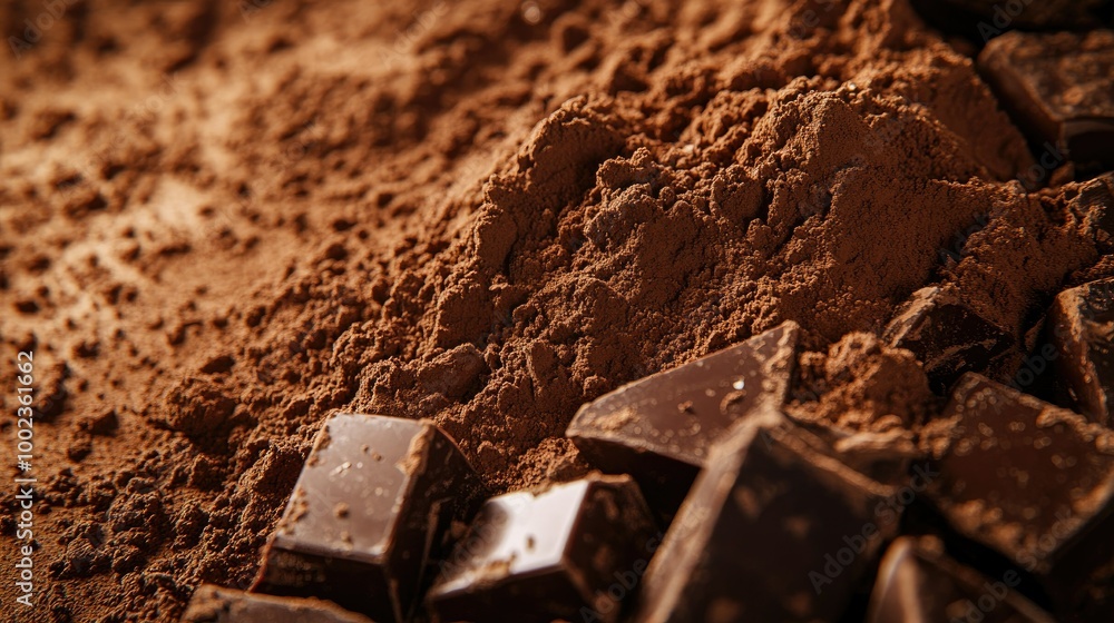 Dark cocoa powder forming a smooth, fine pile with shards of chocolate placed alongside, creating a rich, textured scene. Dark cocoa powder forming a smooth, fine pile with shards of chocolate placed alongside, creating a rich, textured scene.