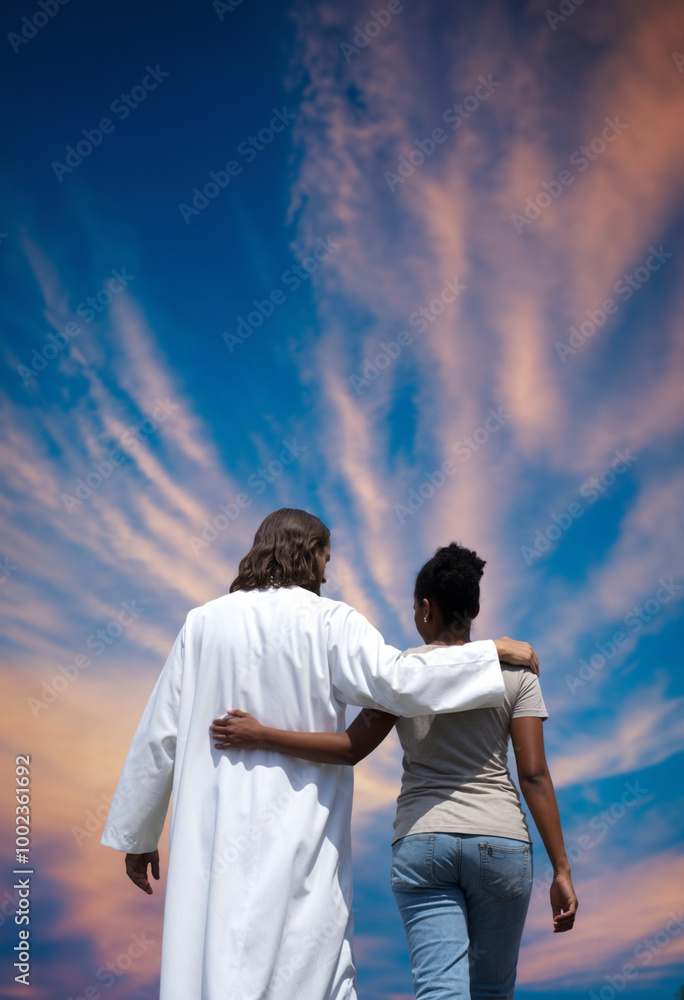 Fototapeta premium Jesus Walking Beside a Follower: A Moving Visual of Faith, Hope, and Divine Companionship on the Path of Christian Devotion, Symbolizing the Eternal Support of God in Times of Need