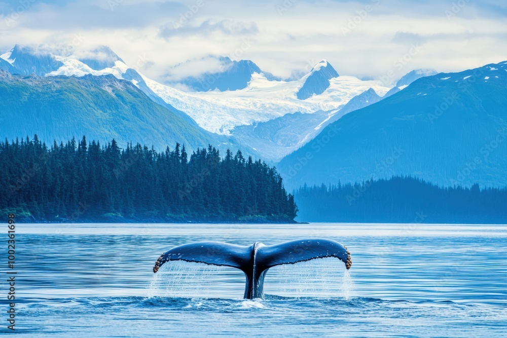 Obraz premium Inside Passage Alaska Cruise: Whale Watching Excursion in Mountainous Landscape