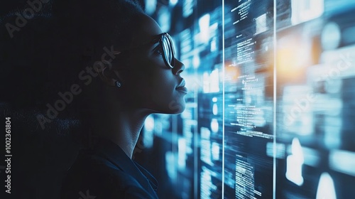 A profile view of a woman looking at a digital interface filled with data and information.