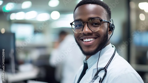 Portrait of a happy young doctor wearing a headset