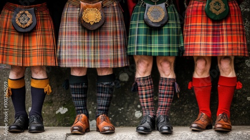 Kilts. Traditional Scottish Clan Costume for Men with Plaid Fabric Skirt