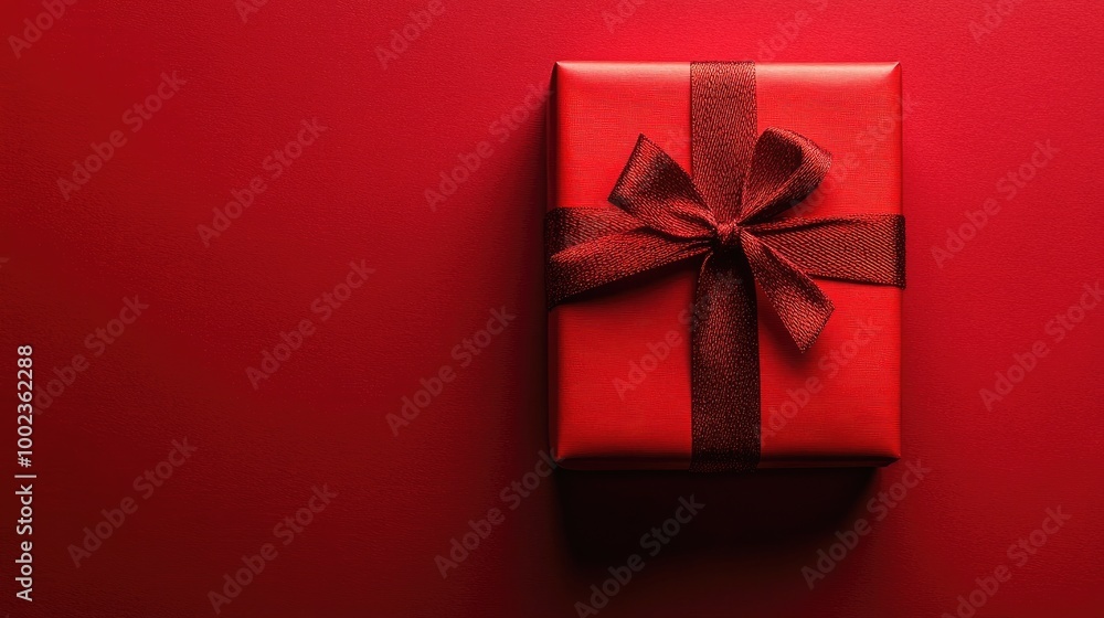 Red gift box displayed on a matching red background Red gift box displayed on a matching red background