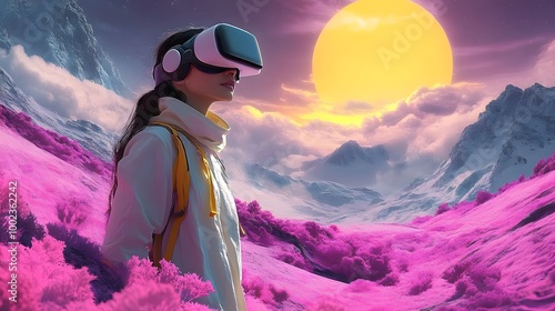 A woman explores an extraterrestrial planet, where the terrain and skies are painted in various shades of purple