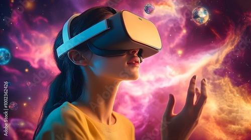 A woman immerses herself in a vibrant VR universe filled with swirling galaxies and nebulae in shades of purple