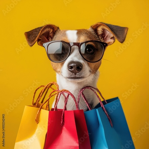 Cute Dog in Sunglasses with Bags