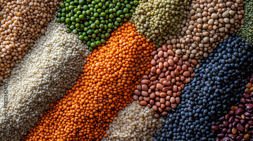 "A surface adorned with dry, uncooked grains and legumes, including beans, red lentils, green lentils, brown lentils, barley, mung beans, and peas."