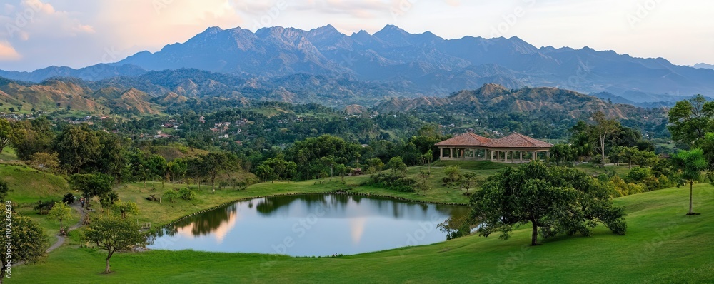 A serene lake surrounded by mountains, with a blue and orange sky casting a peaceful glow Calm water reflections, soft lighting, creating a harmonious and soothing atmosphere A serene lake surrounded by mountains, with a blue and orange sky casting a peaceful glow Calm water reflections, soft lighting, creating a harmonious and soothing atmosphere
