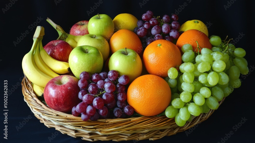 a colorful fruit basket brimming with apples, bananas, oranges, and grapes, creating a fresh and healthy display. a colorful fruit basket brimming with apples, bananas, oranges, and grapes, creating a fresh and healthy display.