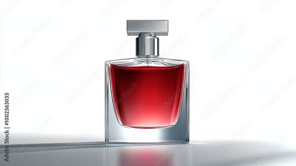 Elegant Red Perfume Bottle Displayed Against a Soft Background in a Well-Lit Setting Elegant Red Perfume Bottle Displayed Against a Soft Background in a Well-Lit Setting