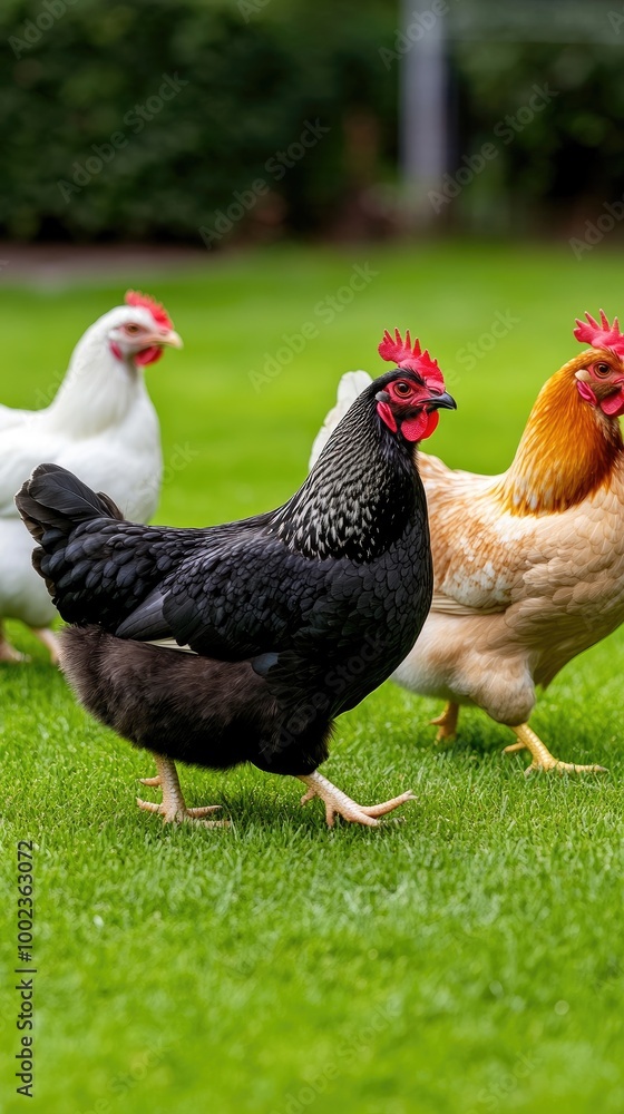 Fototapeta premium Chickens and hens roam freely on vibrant green grass by a chicken coop with trees in the background under clear sunny skies