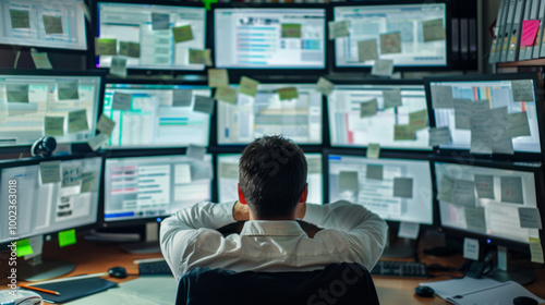 Worker overwhelmed by multiple screens in a busy office environment during a hectic workday