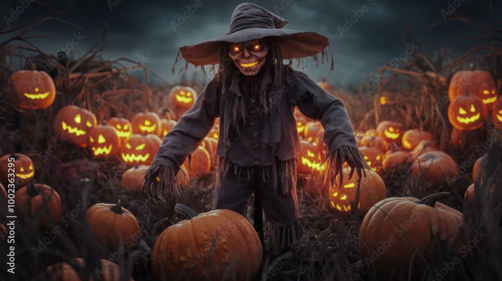 A pumpkin scarecrow with a body, wearing a pointy hat and holding a staff. Mist all around, smiling pumpkins with glowing eyes and flying bat. A pumpkin scarecrow with a body, wearing a pointy hat and holding a staff. Mist all around, smiling pumpkins with glowing eyes and flying bat.
