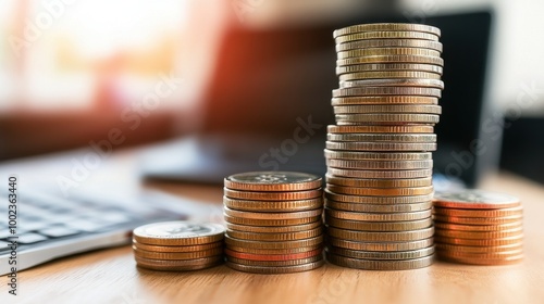 Stacks of coins on wooden table photo