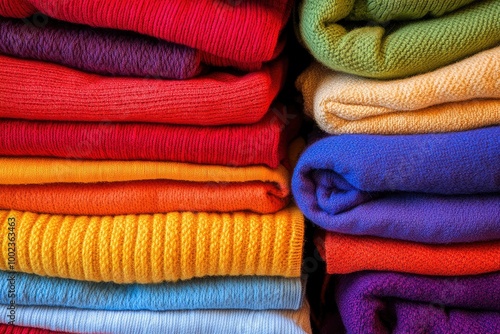 stack of colourful cotton clothes, close up pile of clothing  with generative ai
