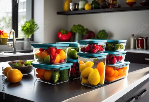 vibrant colorful food storage containers displaying fresh fruits vegetables attractive kitchen arrangement, airtight, artful, design, assorted, colors, bulk photo