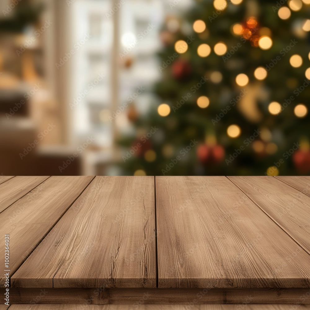 Warm Wooden Table with Christmas Tree Background Warm Wooden Table with Christmas Tree Background