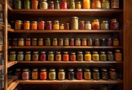 elegant pantry shelves showcasing array vibrantly colored canned goods neatly organized stylish arrangement, style, organization, sleek, decor, design, storage