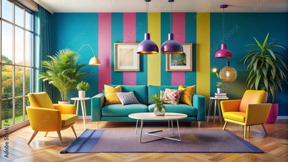 Fototapeta premium Stylish interiors come alive with modern graphic design elements, featuring vibrant color palettes and decor that