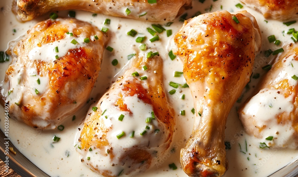 Chicken with cream sauce and chives in the pan, Generative AI Chicken with cream sauce and chives in the pan, Generative AI