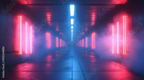 Neon Lights In A Foggy Corridor 3D Illustration