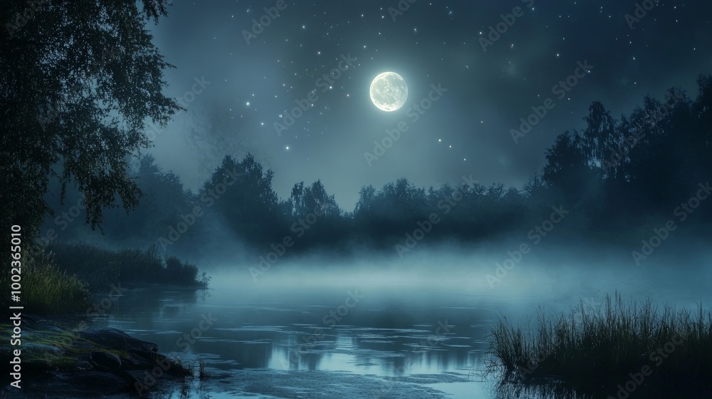 Foggy Night Serenity, a mystical scene where a bright moon filters through dense fog, casting a soft glow on the landscape, with twinkling stars visible in the night sky. Foggy Night Serenity, a mystical scene where a bright moon filters through dense fog, casting a soft glow on the landscape, with twinkling stars visible in the night sky.
