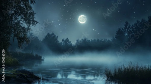 Foggy Night Serenity, a mystical scene where a bright moon filters through dense fog, casting a soft glow on the landscape, with twinkling stars visible in the night sky. photo