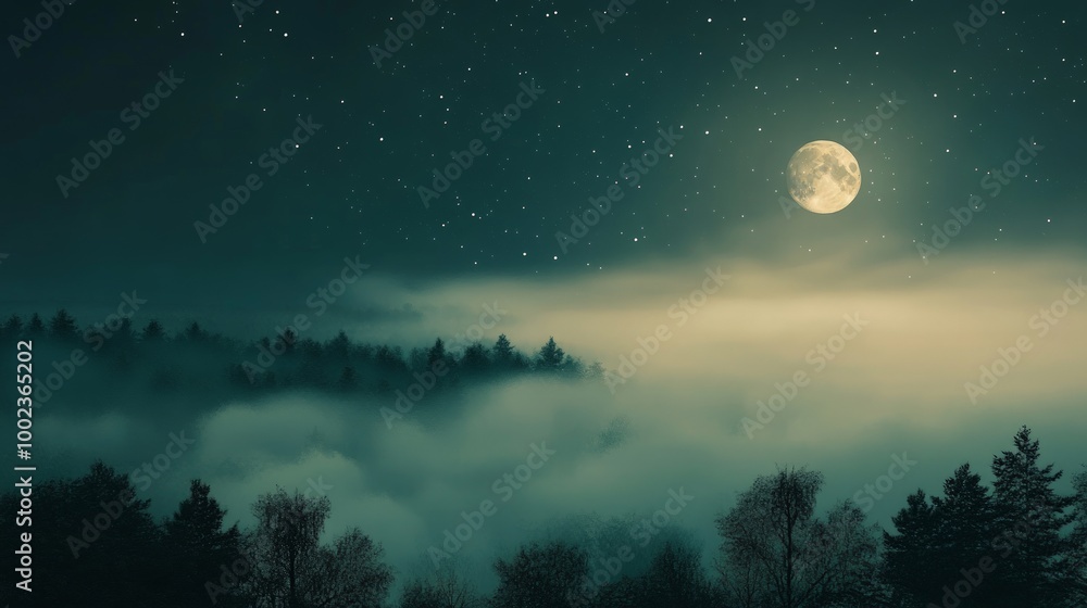 Naklejka premium Misty Moonlit Night, a captivating scene of a fog-covered landscape, the moon's glow piercing through the haze, with twinkling stars subtly visible in the background.