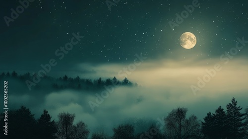 Misty Moonlit Night, a captivating scene of a fog-covered landscape, the moon's glow piercing through the haze, with twinkling stars subtly visible in the background.