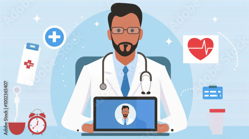 Healthcare professional in telemedicine consultation with medical icons and equipment