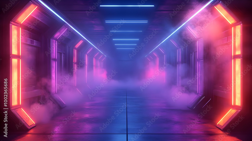 Fototapeta premium 3D Neon Lights Futuristic Corridor Abstract Background
