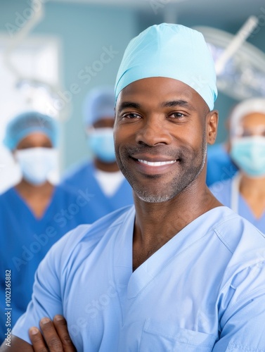 Confident surgeon in operating room with medical team for healthcare and surgery